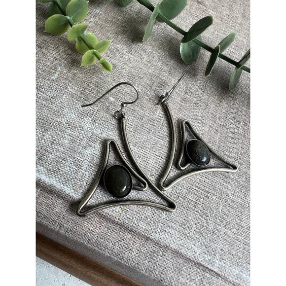 Silver Triangle Dangle Earrings Faux Black Onyx Stone | Geometric Boho Jewelry - Picture 4 of 5